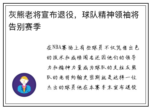 灰熊老将宣布退役，球队精神领袖将告别赛季