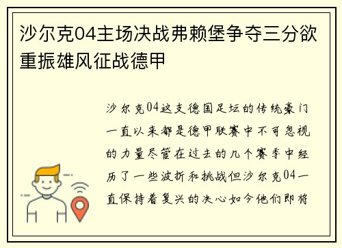 沙尔克04主场决战弗赖堡争夺三分欲重振雄风征战德甲